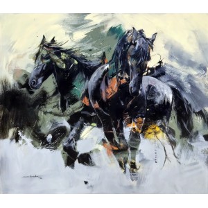 Shan Amrohvi, 30 x 36 inch, Oil on Canvas, Horse Painting, AC-SA-157